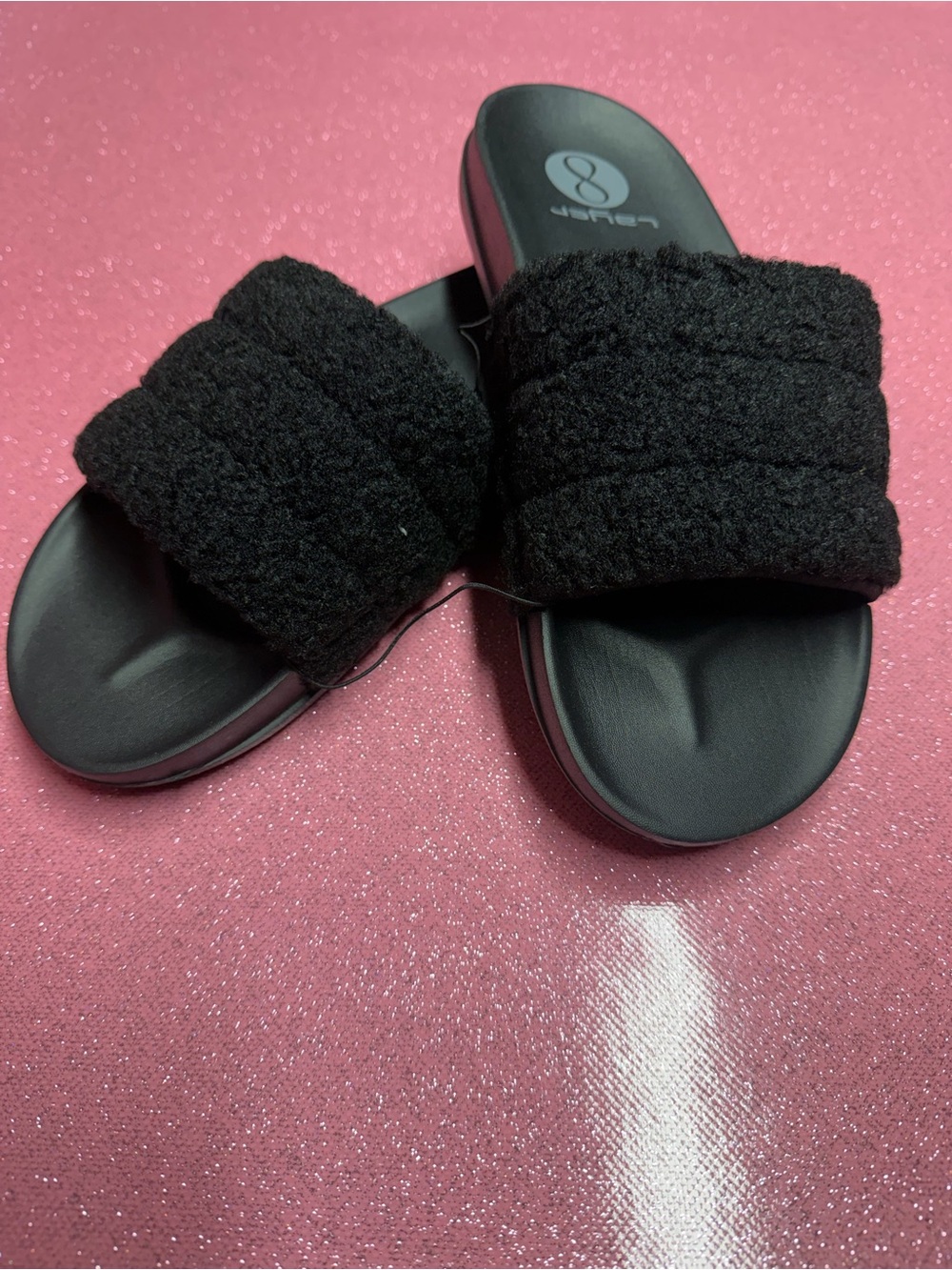 Layer 8 Women's Black Fuzzy Slide Sandals